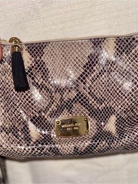 Michael Kors Pink Snake-Print Wristlet with Black Tassel and Gold Hardware